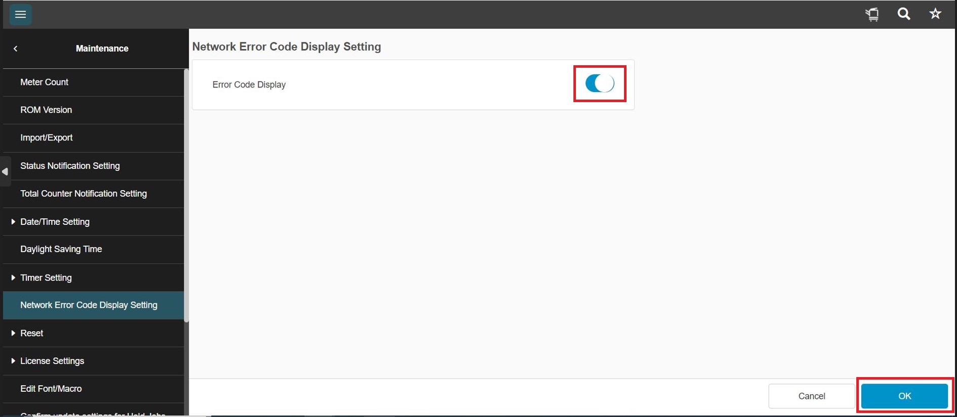 Displaying the Network Error Code on Machine Konica Minolta+ Assist