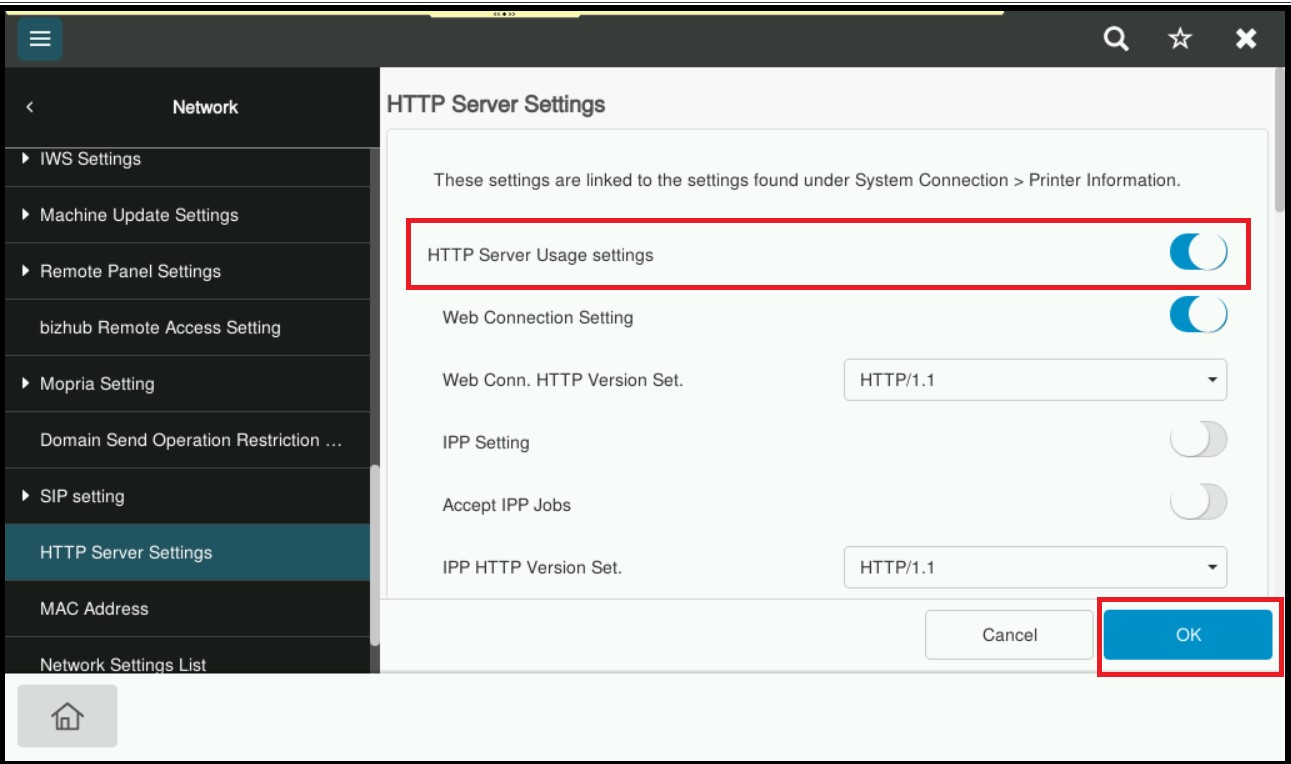 HTTP Server Usage Settings