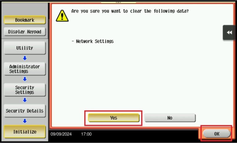 Image showcasing How to Initialize Network Settings on machine - Konica Minolta+ Assist